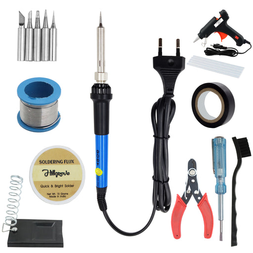 Hillgrove Electronic 10in1 Professional Mobile Soldering Equipment Tool Machine Glue Gun Combo Kit Set with Flux Paste and Wire 60 W Temperature Controlled (Conical, Flat, Pointed, Round Tip)