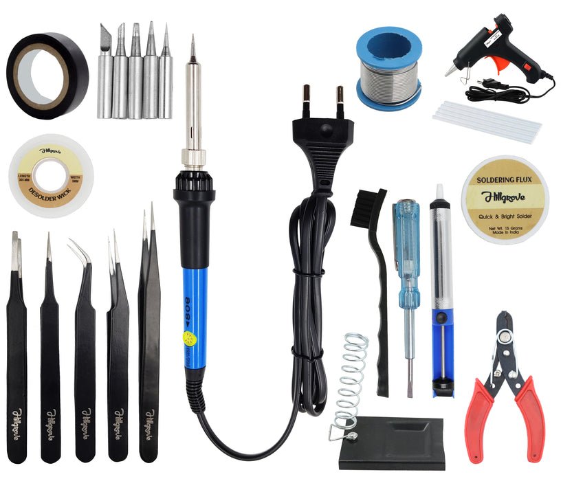 Hillgrove Electronic 13in1 Professional Mobile Soldering and Desoldering Equipment Tool Machine Glue Gun Combo Kit Set with Flux Paste and Wire 60 W Temperature Controlled (Conical, Flat, Pointed, Round Tip)