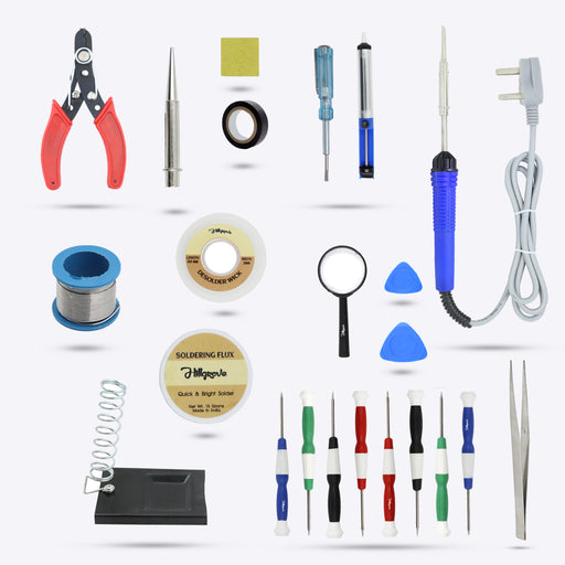 Hillgrove 23in1 Basic Complete 25W Soldering Iron Kit with 5 Meter Solder Wire, Scrub, Pump, Cutter, Tester, Tweezer, Tape, Bit, Flux,Screwdriver,Mobile Opener 25 W Simple (Flat, Pointed Tip)