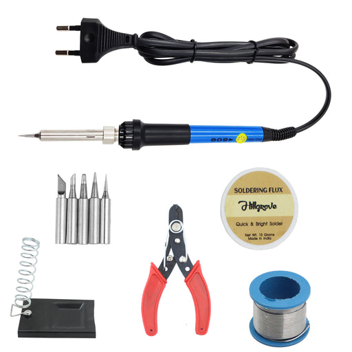Hillgrove 5in1 Professional Mobile Soldering Iron Equipment Tool Machine Combo Kit Set with Flux Paste and Wire 60 W Temperature Controlled (Conical, Flat, Pointed, Round Tip)