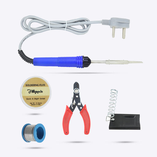 Hillgrove 5in1 Basic 25W Soldering Iron Kit with 5 Meter Soldering Wire, Soldering Flux, Stand, Wire Cutter 25 W Simple (Flat Tip)