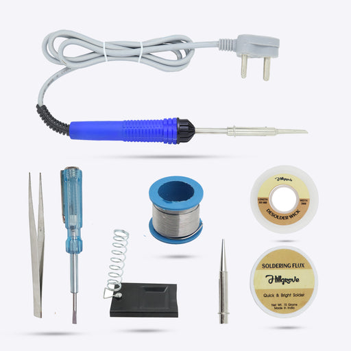 Hillgrove 8in1 Basic 25W Soldering Iron Kit with 5 Meter Solder Wire, Flux, Stand, Tester, Bit, Tweezer, Wick 25 W Simple (Flat, Pointed Tip)