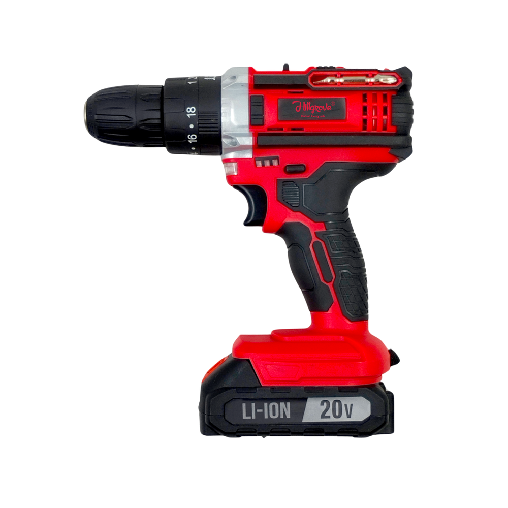 Hillgrove HGCM1381M1 Portable 20V 10mm Electric Rechargeable Wireless Mini Cordless Charging Screw Drilling Wall Hole Battery & Charger Power Drill Machine Kit Set for Home Use