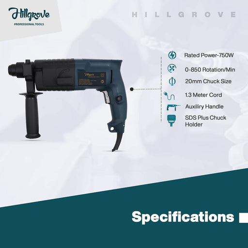 Hillgrove HGCM490M1 20mm Hammer Impact Drill Machine Forward/Reverse Rotation with Angle Grinder,Drill Chunk(13mm),SDS Adapter,Gloves, 3Pcs SDS Plus Bits for Making Holes in Metal/Wood/Concrete Hammer Drill (20 mm Chuck Size, 750 W)
