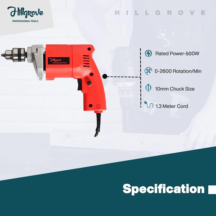 Hillgrove HGCM522M3 With All Purpose 10mm Drill Machine for Making Holes in Metal/Wood/Concrete Pistol Grip Drill