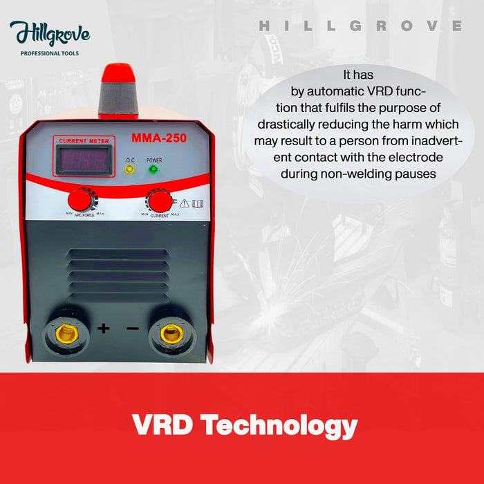 Hillgrove HGCM1217M3 250Amp Arc Force Control, AC, Anti Stick, Hot Start Function With Metal Brush and Safety Googles, Safety Gloves Digital Display IGBT Based VRD Technology MMA Inverter Welding Kit Machine