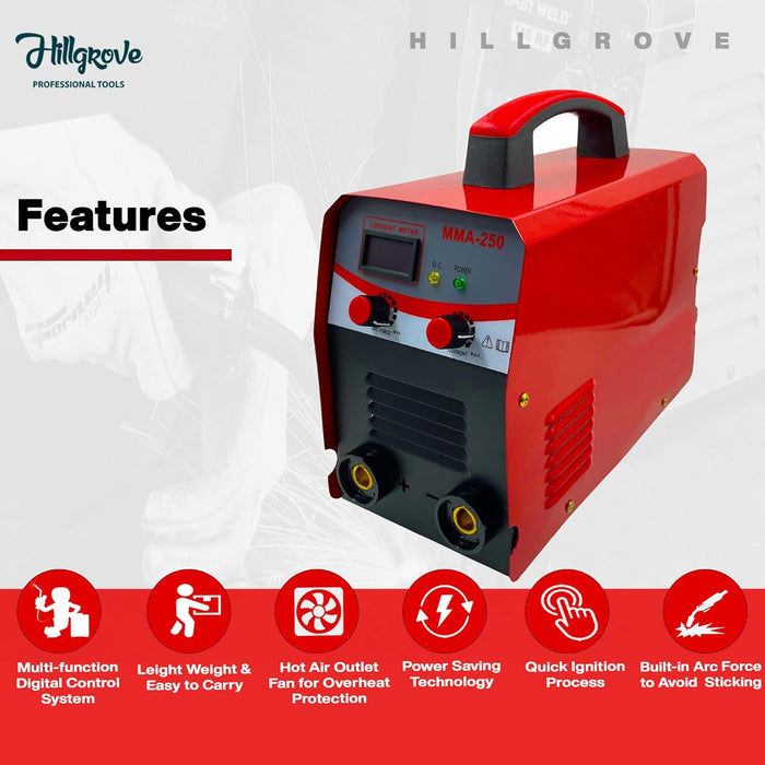 Hillgrove HGCM1217M3 250Amp Arc Force Control, AC, Anti Stick, Hot Start Function With Metal Brush and Safety Googles, Safety Gloves Digital Display IGBT Based VRD Technology MMA Inverter Welding Kit Machine