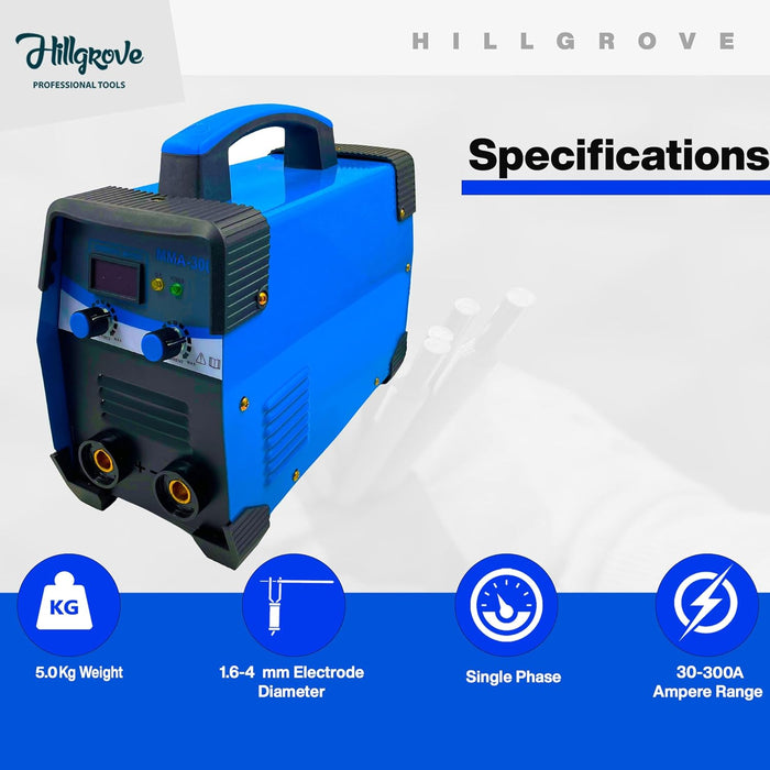 Hillgrove HGCM1224M3 300Amp Arc Force Control, AC, Anti Stick, Hot Start Function With Metal Brush and Safety Googles, Safety Gloves Digital Display IGBT Based VRD Technology MMA Inverter Welding Kit Machine