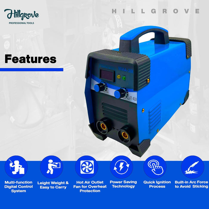 Hillgrove HGCM1224M3 300Amp Arc Force Control, AC, Anti Stick, Hot Start Function With Metal Brush and Safety Googles, Safety Gloves Digital Display IGBT Based VRD Technology MMA Inverter Welding Kit Machine