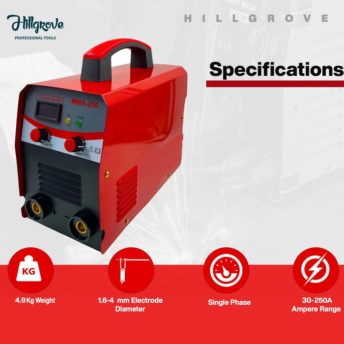Hillgrove HGCM1217M3 250Amp Arc Force Control, AC, Anti Stick, Hot Start Function With Metal Brush and Safety Googles, Safety Gloves Digital Display IGBT Based VRD Technology MMA Inverter Welding Kit Machine