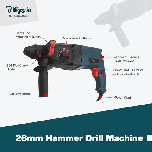 **Hillgrove HGCM479M2 1200W Rotary Hammer Drill** with multi-mode operation, 13mm SDS chuck, forward/reverse rotation & 5 drill bits. Industrial-grade power for drilling concrete, wood & metal. Durable, high-performance tool for home and professional use.