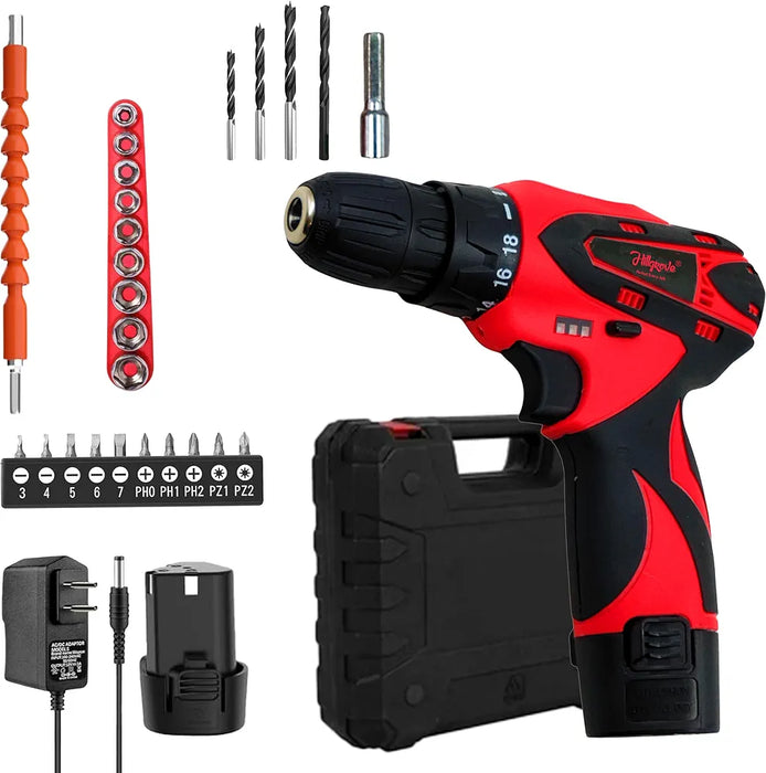 Hillgrove Electric Rechargeable Wireless Mini Cordless Charging Screw Drilling Wall Hole Battery & Charger Power Drill Machine Kit Set for Home Use