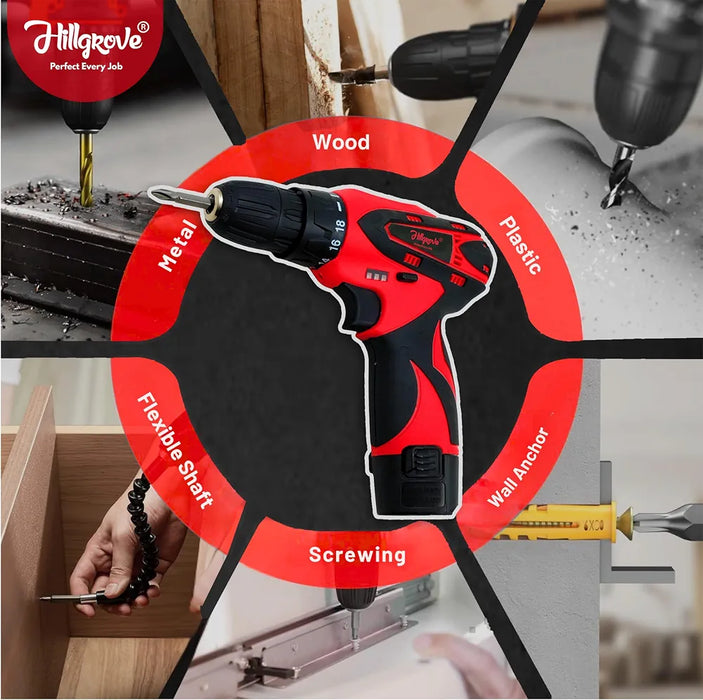 Hillgrove Electric Rechargeable Wireless Mini Cordless Charging Screw Drilling Wall Hole Battery & Charger Power Drill Machine Kit Set for Home Use )
