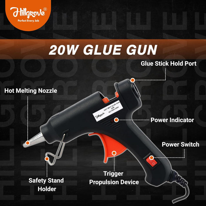 Hillgrove Electric 20W Black Mini Hot Glue Gun With 10 Pcs Hot Melt Glue Stick for Craft, Art, Decoration Work Standard Temperature Corded Glue Gun (7 mm)