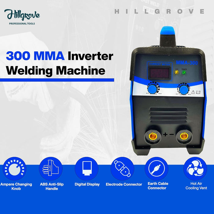 Hillgrove HGCM1224M3 300Amp Arc Force Control, AC, Anti Stick, Hot Start Function With Metal Brush and Safety Googles, Safety Gloves Digital Display IGBT Based VRD Technology MMA Inverter Welding Kit Machine