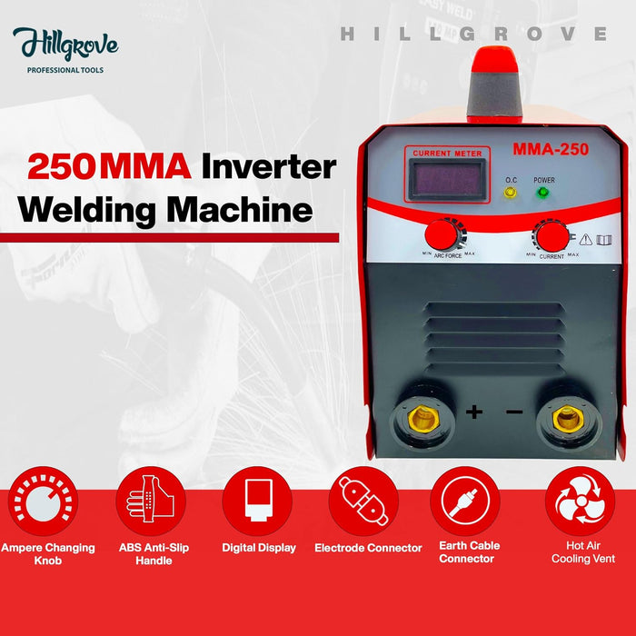 Hillgrove HGCM1217M3 250Amp Arc Force Control, AC, Anti Stick, Hot Start Function With Metal Brush and Safety Googles, Safety Gloves Digital Display IGBT Based VRD Technology MMA Inverter Welding Kit Machine