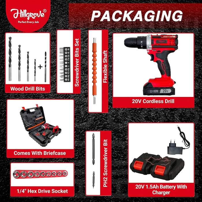 Hillgrove Electric Rechargeable Wireless Mini Cordless Charging Screw Drilling Wall Hole Battery & Charger Power Drill Machine Kit Set for Home Use )