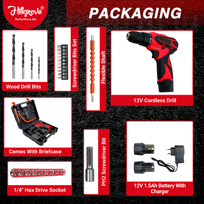 Hillgrove HGCM1380M1 Portable 12V 10mm Electric Rechargeable Wireless Mini Cordless Charging Screw Drilling Wall Hole Battery & Charger Power Drill Machine Kit Set for Home Use