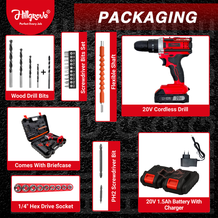Hillgrove HGCM1381M2 All in One Electric 10mm 20V Power Drill Electrical Hand Drilling Machine Tool Box Tools Kit Set for Home