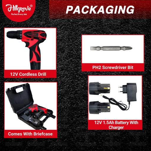 Hillgrove HGCM1379M1 Portable 12V 10mm Electric Rechargeable Wireless Mini Cordless Charging Screw Drilling Wall Hole Battery & Charger Power Drill Machine Kit Set for Home Use
