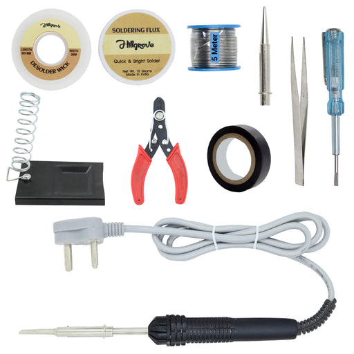 Hillgrove 10In1 Basic Complete 30W Soldering Iron Kit with 5 Meter Solder Wire, Cutter, Stand, Flux, Bit, Tape, Tester, Tweezer, Wick 30 W Simple (Flat Tip)