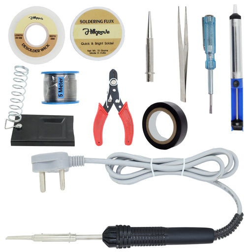 Hillgrove 11In1 Basic Complete 30W Soldering Iron Kit with 5 Meter Solder Wire, Cutter, Stand, Flux, Bit, Tape, Tester, Tweezer, Wick::Pump 30 W Simple (Pointed Tip)