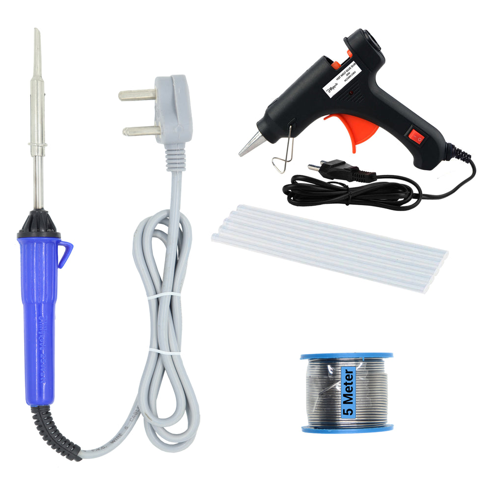 Hillgrove 4in1 Beginners 25W Soldering Iron Kit with Glue Gun and 5 Meter Solder Wire 25 W Simple (Flat Tip)