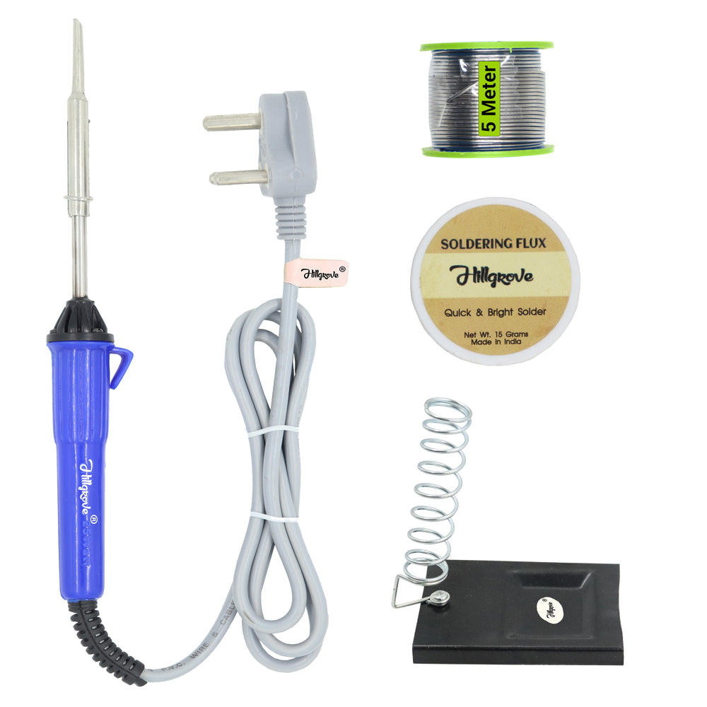 Hillgrove 4in1 25W Soldering Iron Kit | 5 Meter Soldering Wire | Soldering Flux | Stand 25 W Simple (Flat Tip)