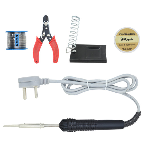Hillgrove 5In1 Basic Complete 30W Soldering Iron Kit | 5 Meter Soldering Wire | Soldering Flux | Stand | Wire Cutter 30 W Simple (Flat, Pointed Tip)
