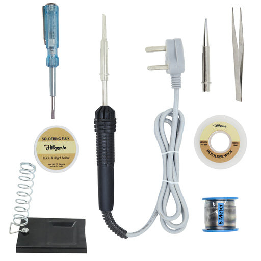 Hillgrove 8in1 Beginners Complete 30W Soldering Iron Kit with 5 Meter Solder Wire, Stand, Flux, Bit, Tester, Tweezer, Wick 30 W Simple (Flat, Pointed Tip)