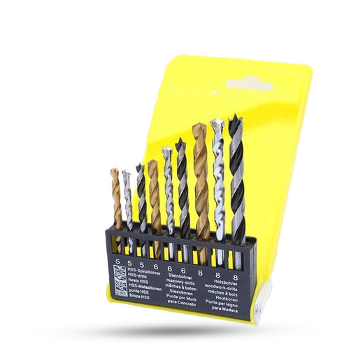 HGCM578M2 9Pcs Combination Metric Drill Bit Set of (HSS+Wood+Masonry) for Hole in Metal/Concrete/Wood