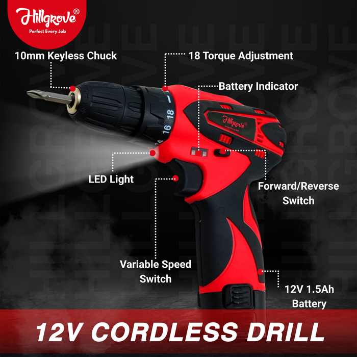 Hillgrove HGCM1379M1 Portable 12V 10mm Electric Rechargeable Wireless Mini Cordless Charging Screw Drilling Wall Hole Battery & Charger Power Drill Machine Kit Set for Home Use