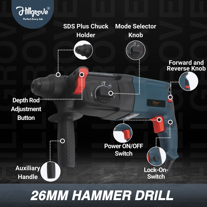 Hillgrove H26H4 All Purpose 26mm Hammer Impact Drill Machine Forward/Reverse Rotaion with 5 Bits for Making Holes in Metal/Wood/Concrete Hammer Drill (26 mm Chuck Size, 1200 W)