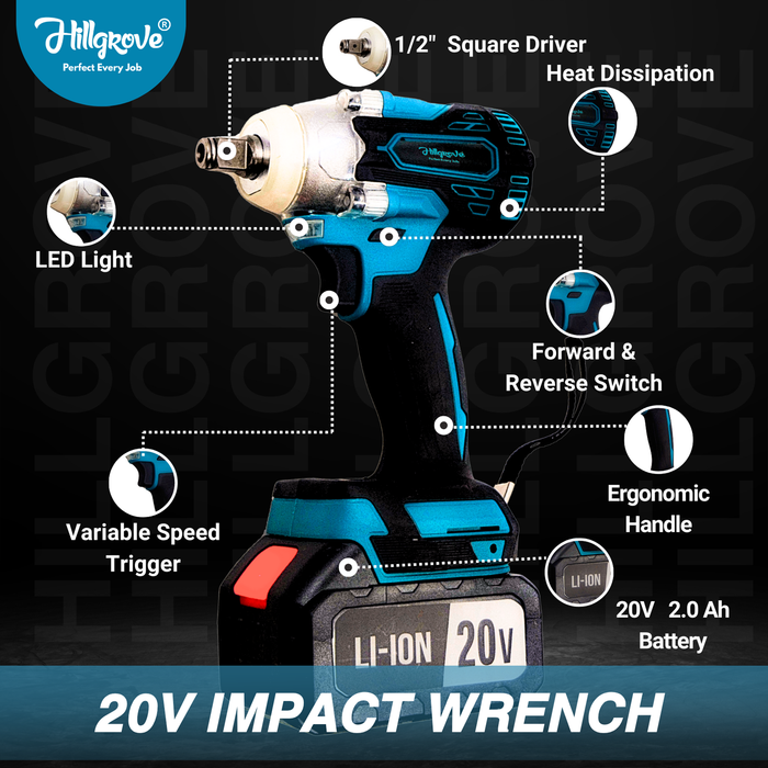 Hillgrove HGCM1383M1 300Nm Electric Nut Bolt Open Wrench Machine Gun Cordless Impact Wrenches Battery