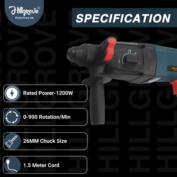 Hillgrove H26H4 All Purpose 26mm Hammer Impact Drill Machine Forward/Reverse Rotaion with 5 Bits for Making Holes in Metal/Wood/Concrete Hammer Drill (26 mm Chuck Size, 1200 W)