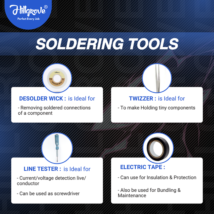 Hillgrove 12in1 Basic Complete 25W Soldering Iron Kit with 5 Meter Solder Wire, Scrub, Pump, Cutter, Tester, Tweezer, Tape, Bit, Flux 25 W Simple (Flat, Pointed Tip)