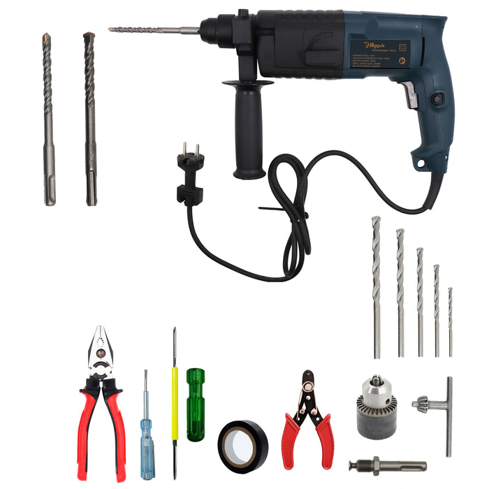 Hillgrove HGCM1006M3 20mm Hammer Impact Drill Machine Forward/Reverse Rotaion with 5Pcs Hand Tool Kit,Drill Chunk(13mm),SDS Adapter,5Pcs SDS Plus,5Pcs Masonry Drill Bit Set For Making Holes in Metal/Wood/Concrete Hammer Dril (20 mm Chuck Size, 750 W)