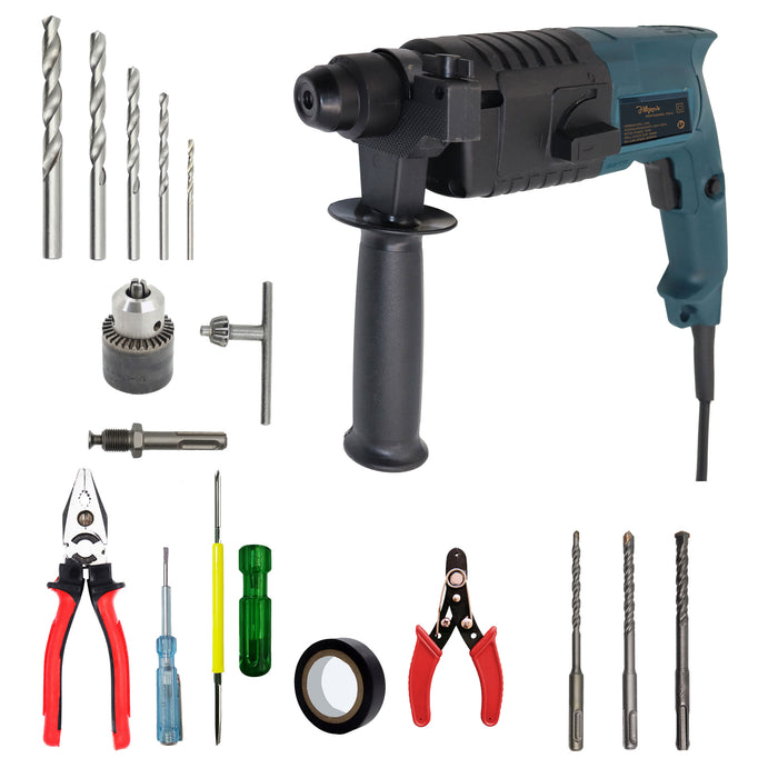 Hillgrove HGCM1007M1 20mm Hammer Impact Drill Machine Forward/Reverse Rotaion with 5Pcs Hand Tool Kit,Drill Chunk(13mm),SDS Adapter,5Pcs SDS Plus,5Pcs HSS Drill Bit Set For Making Holes in Metal/Wood/Concrete Hammer Dril (20 mm Chuck Size, 750 W)