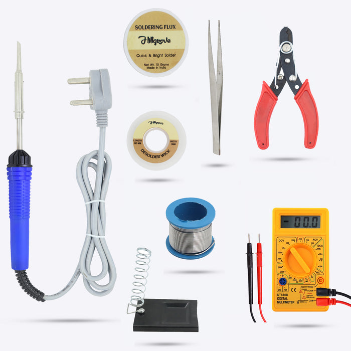 Hillgrove HGCM100M1 Electronic 8in1 Mobile Soldering Iron Equipment Tool Machine Combo Kit Set with Digital Multimeter 25 W Simple (Flat Tip)