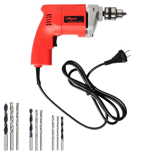 Hillgrove HGCM1014M2 Hillgrove HGCM1014M5 500W Power Drill Machine with 9Pcs All Type Drill Bits for Making Holes in Metal/Wood/Concrete Pistol Grip Drill (10 mm Chuck Size)