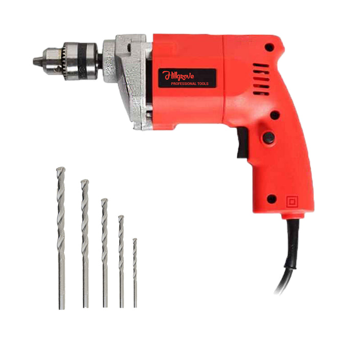 Hillgrove HGCM1015M3 Hillgrove HGCM1015M6 All Purpose 500W Drill Machine with 5 Drill Bits for Making Holes in Metal/Wood/Concrete Pistol Grip Drill (10 mm Chuck Size)