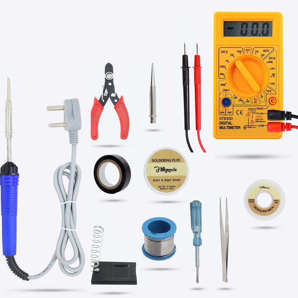 Hillgrove HGCM101M1 Electronic 11in1 Mobile Soldering Iron Equipment Tool Machine Combo Kit Set with Digital Multimeter 25 W Simple (Flat Tip)