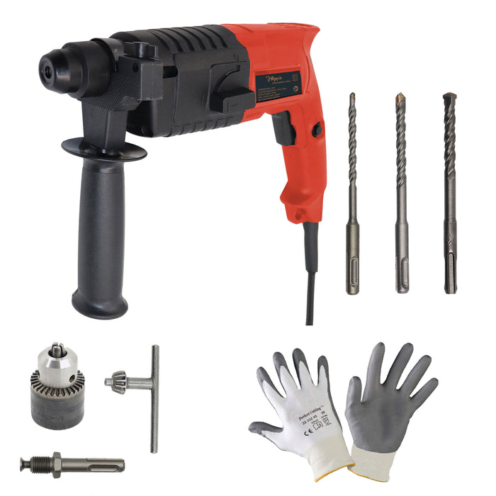 Hillgrove HGCM1020M3 All Purpose 20mm Hammer Impact Drill Machine Forward/Reverse Rotation with Safety Gloves and 3 Bits and Drill Chunk(13mm),SDS Adapter for Making Holes in Metal/Wood/Concrete Hammer Drill (20 mm Chuck Size, 750 W)