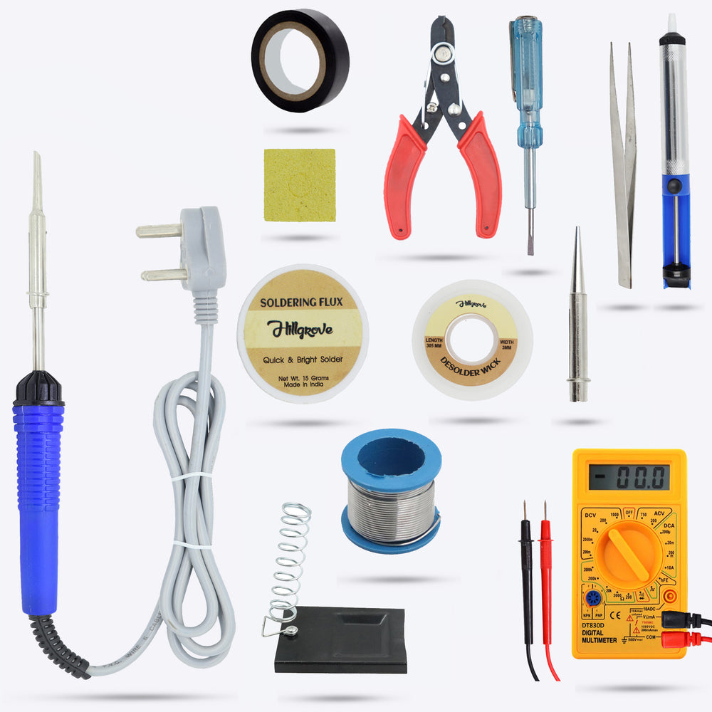 Hillgrove HGCM102M1 Electronic 13in1 Mobile Soldering Iron Equipment Tool Machine Combo Kit Set with Digital Multimeter 25 W Simple (Flat Tip)