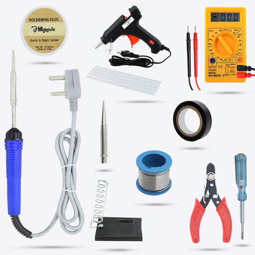 Hillgrove HGCM104M1 Electric 11in1 Mobile Soldering Equipment Tool Machine Glue Gun Combo Kit Set with Digital Multimeter 25 W Simple (Flat Tip)