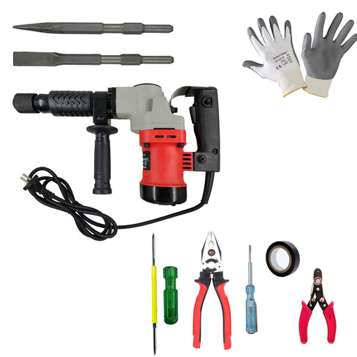 Hillgrove HGCM1055M3 17mm Demolition Chisel+Hammer Concrete Breaker Drill Machine with 5Pcs Hand Tool Kit, Safety Gloves and 2 Bits for Breaking Concrete Wall/Hammer Drill (17 mm Chuck Size, 1200 W)