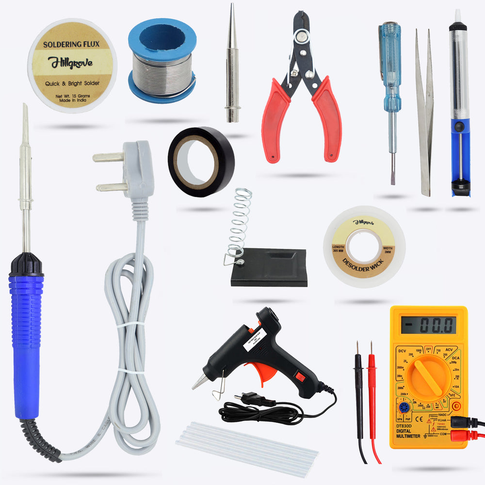 Hillgrove HGCM105M2 Electric 14in1 Mobile Soldering Equipment Tool Machine Glue Gun Combo Kit Set with Digital Multimeter 25 W Simple (Flat Tip)