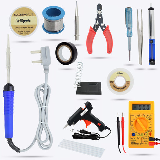 Hillgrove HGCM105M2 Electric 14in1 Mobile Soldering Equipment Tool Machine Glue Gun Combo Kit Set with Digital Multimeter 25 W Simple (Flat Tip)