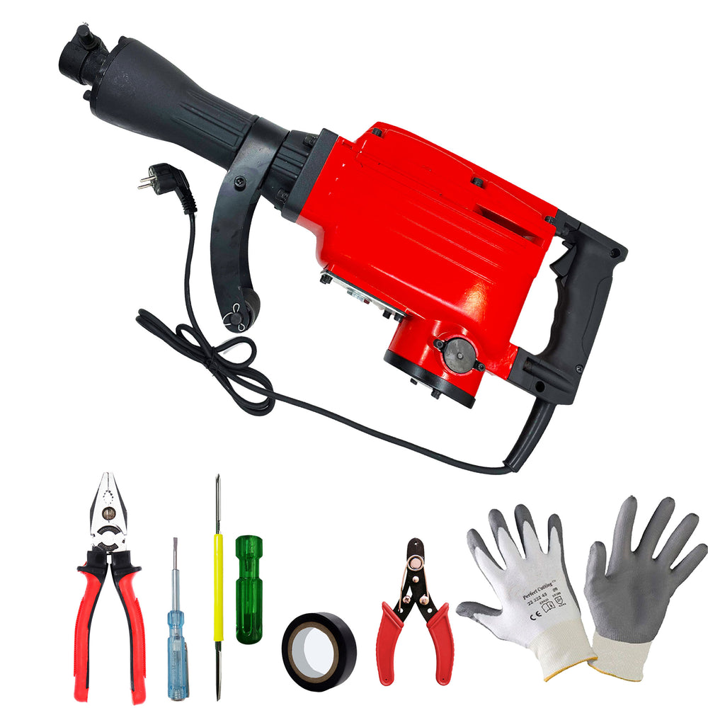 Hillgrove HGCM1070M3 1800 Watt Heavy Duty Demolition Chisel+Hammer Concrete Breaker Drill Machine with 5Pcs Hand Tool Kit, Safety Gloves and 2 Bits for Breaking Concrete Road/Wall/Hammer Drill