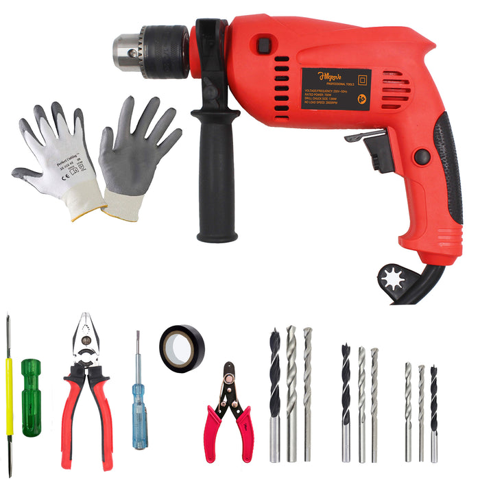 Hillgrove HGCM1084M3 700W Drill Machine with 5Pcs Hand Tool Kit, 9Pcs Drill Bit Set for Making Holes in Metal/Wood/Concrete with Reverse Rotation and Variable Speed Pistol Grip Drill (13 mm Chuck Size)